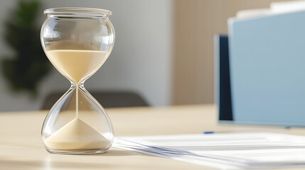 Hourglass on desk with sand flowing. Symbol of time, deadlines, urgency, and the passing of time. Office documents in background.
