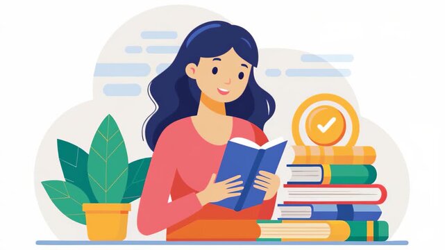A woman sitting and reading a book while next to a stack of books, A woman reading with a stack of books, Simple and minimalist flat 2d Animation