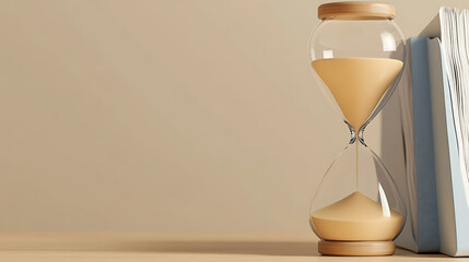 Hourglass and books represent time management and learning. Vintage timekeeper next to educational volumes. The concept of passing time is depicted.