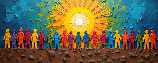 Diverse people hold hands united under bright sunburst. Colorful textured figures represent global community togetherness, hope, inclusion. Abstract art depicts humanity connection, shared future.