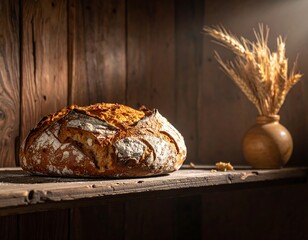 Rustic loaf of artisan bread on a wooden shelf, bathed in warm light