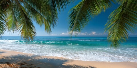 Serene Tropical Beach with Soft Sand and Waves under Blue Sky Framed by Green Palm Leaves in a Beautiful Natural Environment