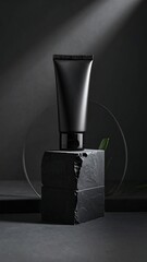 Dark, minimalist cosmetic tube on stone