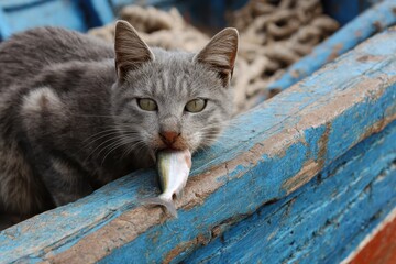 A cat carrying fresh fish in mouth, funny street pet photography