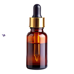 Naklejka premium Amber glass bottle with dropper, golden top, filled with clear liquid, isolated on black