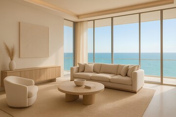Luxury coastal penthouse interior with floor-to-ceiling ocean view windows, soft beige tones, and organic textures