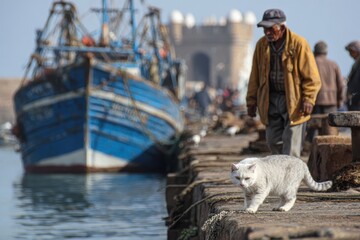A cat carrying fresh fish in mouth, funny street pet photography