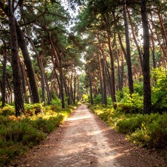 Sunlit path through a pine forest. Sunlight filters through the towering trees, illuminating a dusty path that stretches deep into the woods.  The undergrowth is a tapestry of greenery