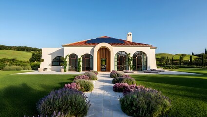 Beautiful Italian villa roof of Solar panels with arched windows and flower garden