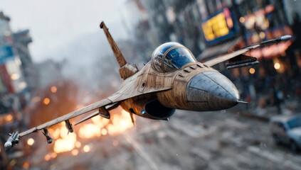 Jet flying over the city. A military jet soars through the smoky sky above a bustling city, showcasing power amidst chaos and destruction.