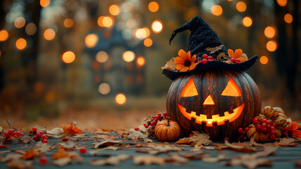 Naklejka premium Pumpkin lights for Halloween!. A carved pumpkin with a smiling face sits among autumn leaves, glowing softly with lights in the background.