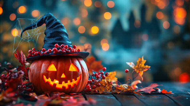 Halloween pumpkin display. A pumpkin with a witch hat smiles amidst vibrant autumn leaves, celebrating Halloween.