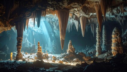 Interior view of a large cave with stalactites