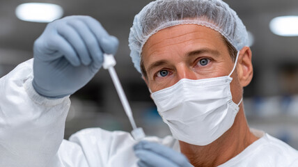 Doc takes lab sample. A healthcare worker in protective gear carefully holds a swab in a laboratory setting.