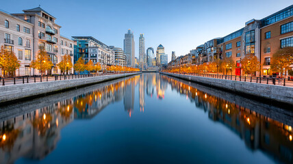 Skyline mirrored in calm river. Tall buildings line the riverbank as golden trees frame the water, capturing the twilight glow of the city.