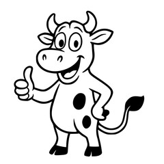 Vector for coloring, cute cartoon cow, thumb up