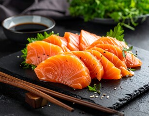 Fresh salmon sashimi slices on dark slate platter with chopsticks and soy sauce