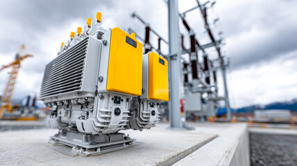 Naklejka premium Cloudy day with power tools. Large power equipment stands prominently in an industrial area under a cloudy sky, showcasing modern energy solutions.