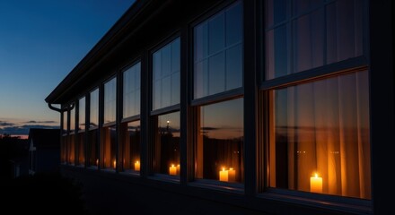 Fototapeta premium Memorial day candle light illuminating windows at dusk. Memorial day tribute with candles inside windows, a solemn display of remembrance, honoring those who have passed.