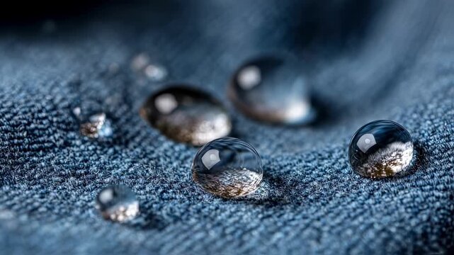 Closeup of stainresistant fabric showcasing water droplets beading on textured surface with blurred background emphasizing fabric durability.