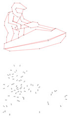 Racer on a personal watercraft. Connect the dots educational drawing game. Dot to dot by numbers puzzle. Google Font Fira Sans Condensed.