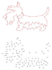 Scottish Terrier profile view. Connect the dots educational drawing game. Dot to dot by numbers puzzle. Google Font Fira Sans Condensed.