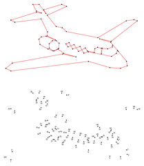 Passenger plane business class. Connect the dots educational drawing game. Dot to dot by numbers puzzle. Google Font Fira Sans Condensed.