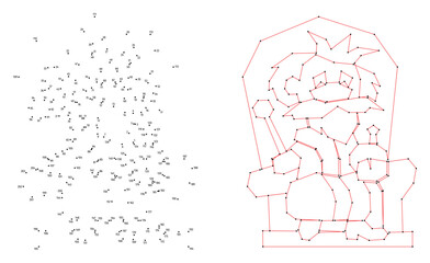 King on throne with scepter and mace. Connect the dots educational drawing game. Dot to dot by numbers puzzle. Google Font Fira Sans Condensed.