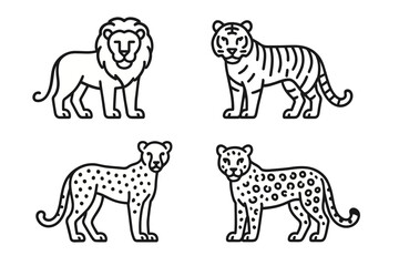 Fototapeta premium Lion, tiger, cheetah, leopard: simple line illustrations of big cats