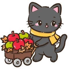 Black cat pulling wagon full of red and green apples cute farmhouse autumn harvest illustration kawaii cozy fall orchard theme for cards stickers and seasonal decor