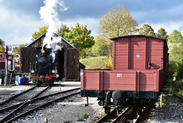 Schmalspur - Museumsbahn auf dem Härtsfeld mit Dampflokomotive, Personenwagen, Triebwagen in herbstlicher Landschaft