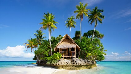 Idyllic tropical island with a small hut and palm trees
