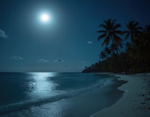 Moonlit tropical beach with calm ocean waves and palm trees silhouette. Serene night seaside landscape reflects moonlight on water surface. Idyllic vacation scene under clear starry sky.