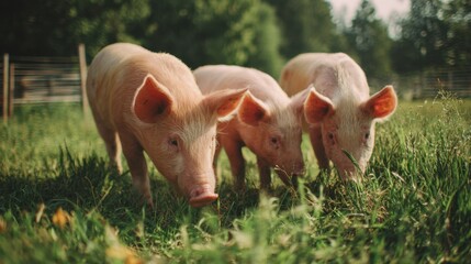 Three pigs are grazing in a field of grass. The pigs are white and are standing close to each other