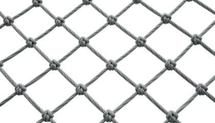 A close-up image of a gray rope net with diamond-shaped openings against a dark background