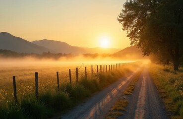Dirt path leads through misty valley at sunrise. Golden sunbeams pierce fog over green field. Wire fence borders road. Tall tree shades grassy lane.