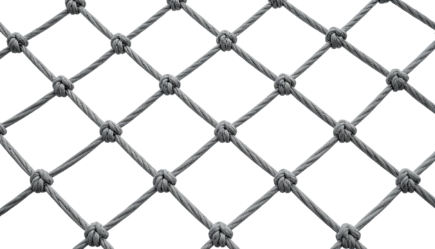 A close-up image of a gray rope net with diamond-shaped openings against a dark background