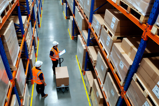 Two middle aged Caucasian men wearing safety vests and helmets working in warehouse, one holding clipboard and checking inventory while other moving box on hand truck between shelves