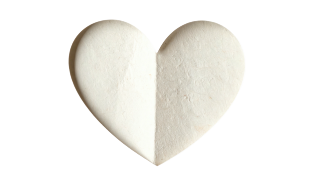 A folded heart shape in white, against a stark black background. Simple and symbolic