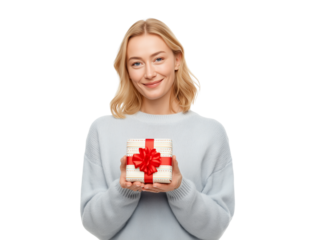 Blond woman holding wrapped red gift box with white ribbon and smiling