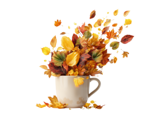 Autumn mug overflowing with colorful fall leaves