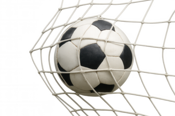 Soccer ball hitting goal net, scoring a point during a sport match, achieving success, transparent background