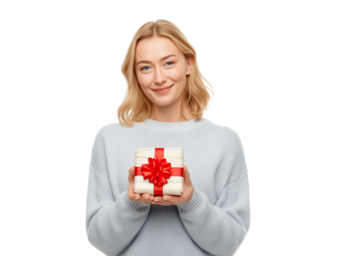 Blond woman holding wrapped red gift box with white ribbon and smiling