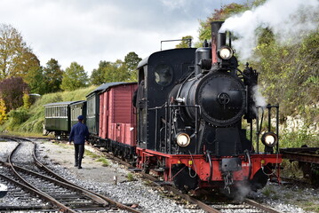Obraz premium Schmalspur - Museumsbahn auf dem Härtsfeld mit Dampflokomotive, Personenwagen, Triebwagen in herbstlicher Landschaft