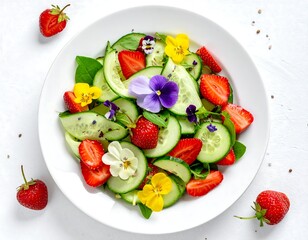Vibrant salad of sliced strawberries, cucumbers, and edible flowers