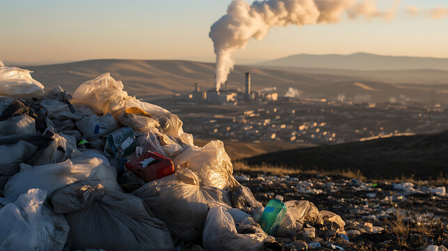 Waste and Emissions: A polluted landscape with accumulated refuse in the foreground and a factory with smoke stacks emitting pollutants into the air.