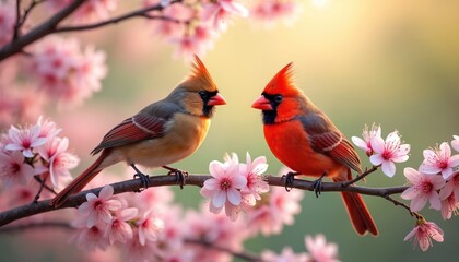 Obraz premium Vibrant red male cardinal, soft brown female cardinal bird perch on blossoming tree branch during spring. Gaze lovingly at surrounded by delicate pink flowers. Beautiful nature wildlife scene