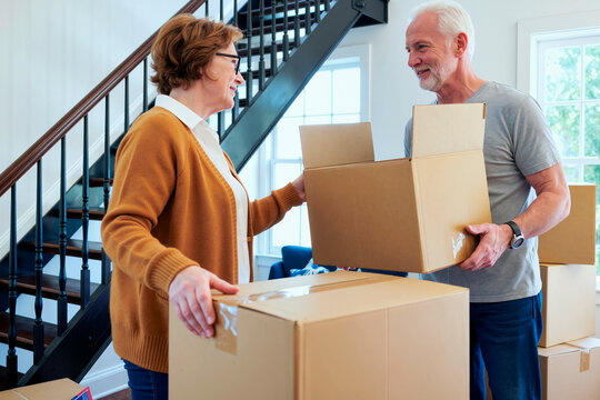 Senior Caucasian woman and senior Caucasian man carrying cardboard boxes, standing near staircase, smiling and talking while moving into new home, natural light coming through windows - Powered by Adobe