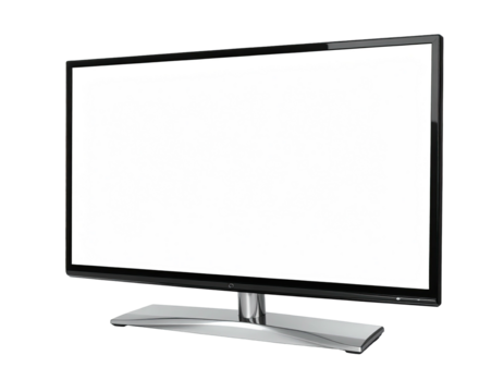 Angled front-view of a modern flat-screen television with a blank white display