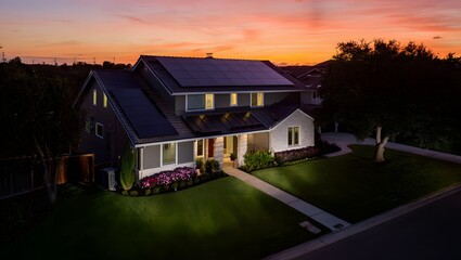 Beautiful suburban house at sunset with solar panels on roof